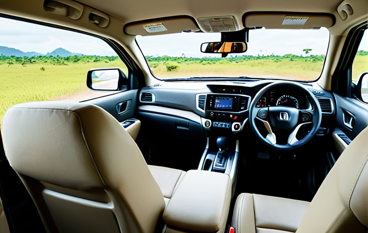 **

A comfortable and quiet interior of a Honda Ridgeline during a long road trip. The focus should be on the comfortable seats and the lack of noise inside the cabin. Show passengers relaxing and enjoying the ride.  Include elements that suggest Thailand, such as scenery visible through the windows.

**